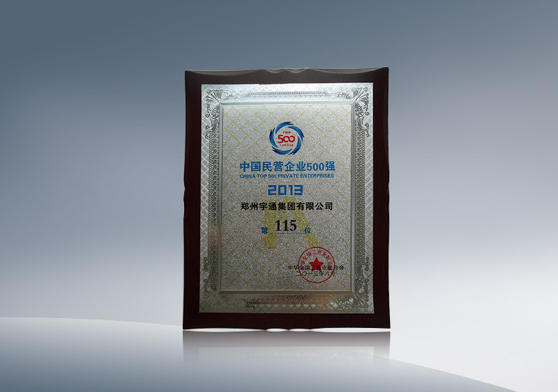郑州15vip太阳集团集团有限公司获中国民营企业500强2013第115位（铭牌）